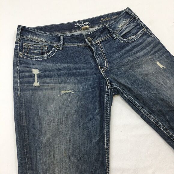 SILVER Suki Jeans Women 36x30 Straight Medium Wash Distressed Stretch Denim Blue - Picture 5 of 16